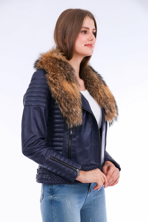 Milani Quilted Leather Biker Jacket - Navy Blue